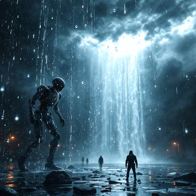 The primary subject of the image is a robot standing in a rain-soaked environment. The robot appears to be a futuristic-looking machine, possibly a cyborg. The setting is a rainy, dark night with a waterfall in the background. The visual style of the image is a combination of photo and digital art, creating a moody and atmospheric scene. The dominant colors are dark shades of blue and grey, with the rain and the robot's metallic appearance adding to the overall mood of the